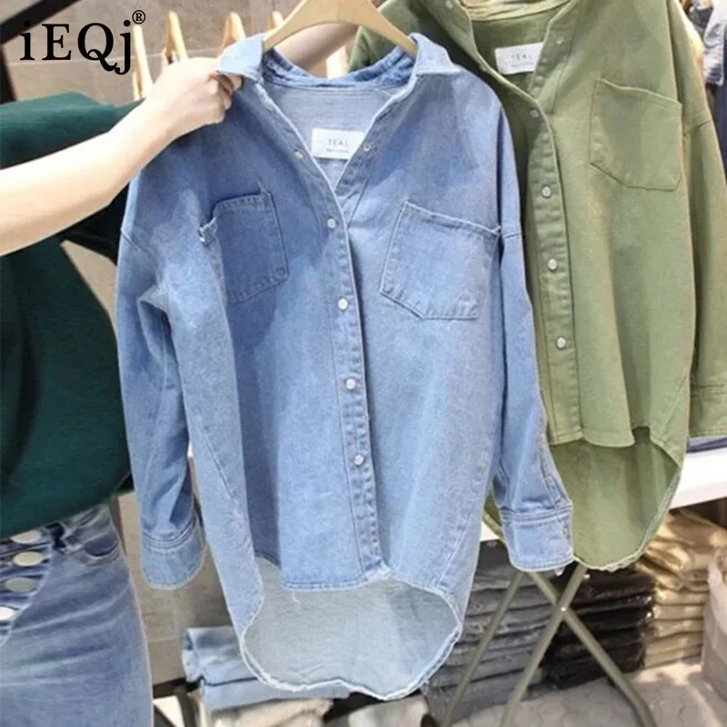 

Новая женская блузка IEQJ с отложным воротником и длинным рукавом, Корейская Свободная рубашка, модная зеленая джинсовая однотонная, весна-ос...