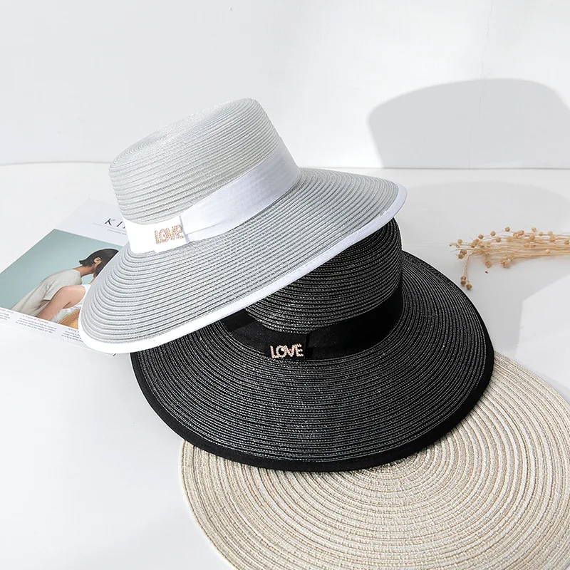 

Summer New Fashion Laides Falt Top Wide Brim Sun Hat Panama Hat Breathable Beach Vacation Sunshade Straw Caps Women