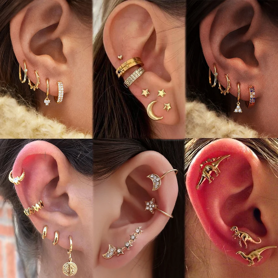 

Multi Style Cute Crystal Butterfly Cross Star Moon Dinosaur Stud Earrings Set For Women Girl C-shaped Simple Earring Set Jewelry