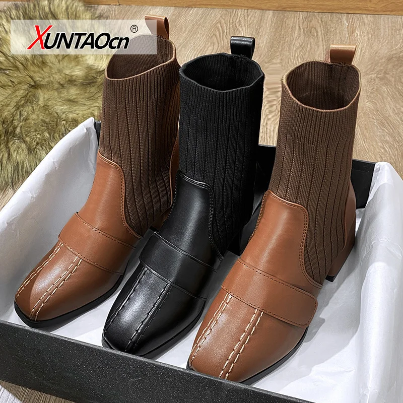 

Plus Big Szie 43 44 Socks Boots For Women Fashion Square Toe 6cm Square Heels Ankle Boots Slip-on Shoes Woman Boats