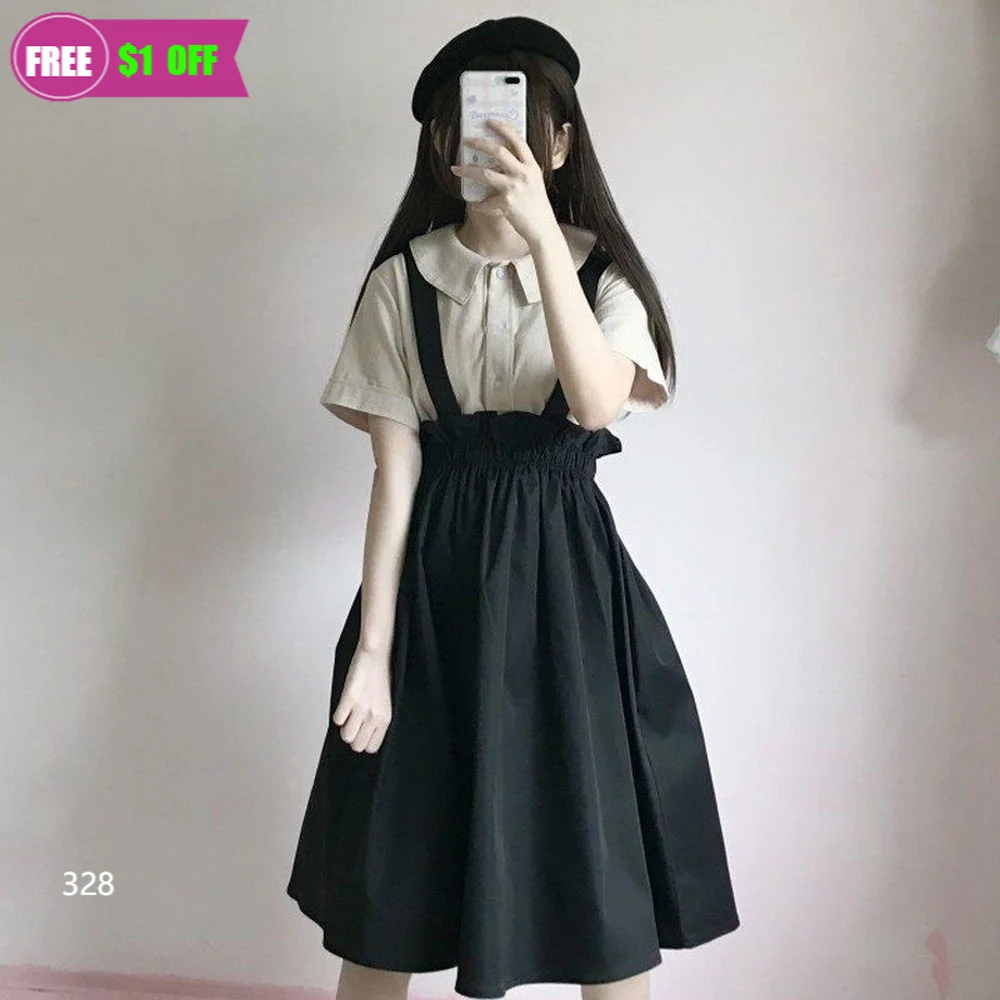 

Japanese Fashion Two Piece Set Women Summer Shirt + Suspender Dress Lolita Vestidos A-Line Kawaii Party Cute Outfits for Women