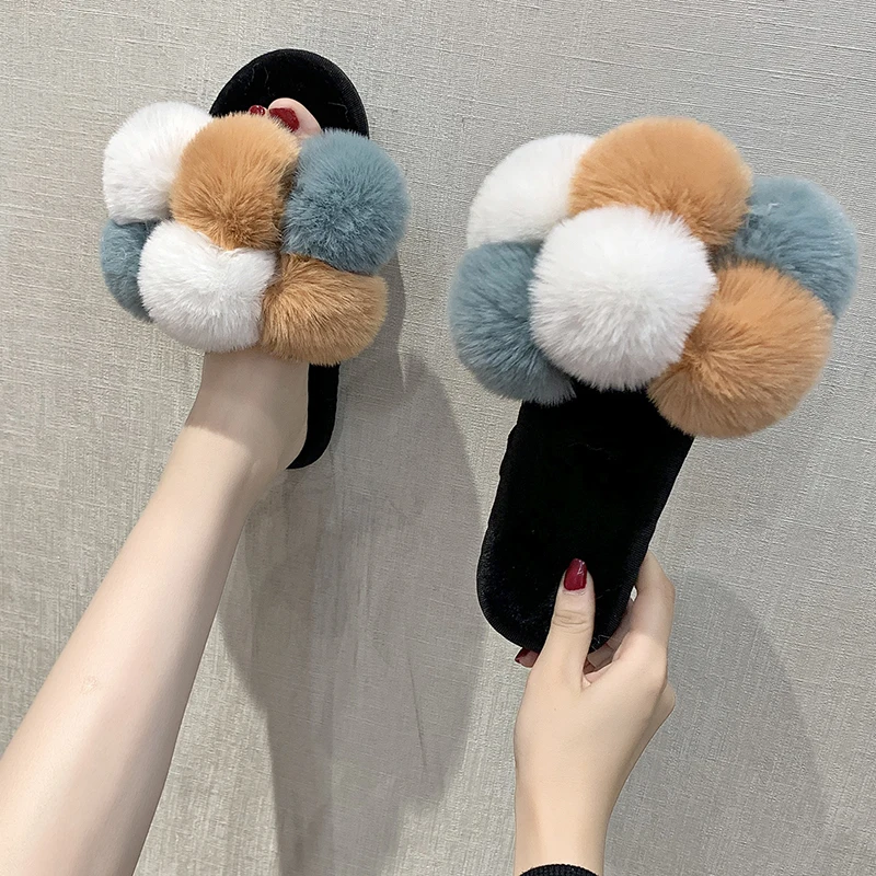 

Fur Shoes Low Woman's Slippers Slides Flock Plush 2021 Rubber Flat with fur PVC Rome Sweet Short Shoes Flock Woman's Slippers Fu