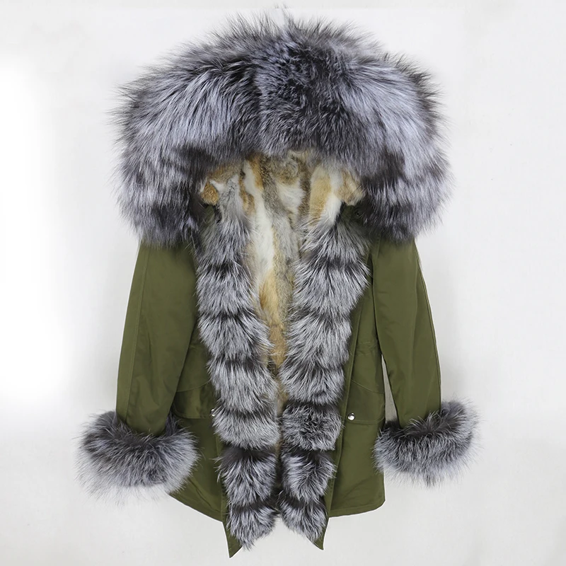 OFTBUY, водонепроницаемая парка, натуральное меховое пальто, зимняя куртка для женщин, воротник из натурального меха енота, капюшон, подкладка из натурального кроличьего меха, съемная - Цвет: green silver