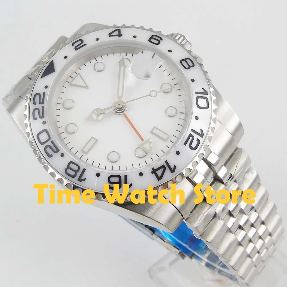 Мужские часы Bliger 40 мм GMT 3804 автоматические стеклянные saphire с белым циферблатом