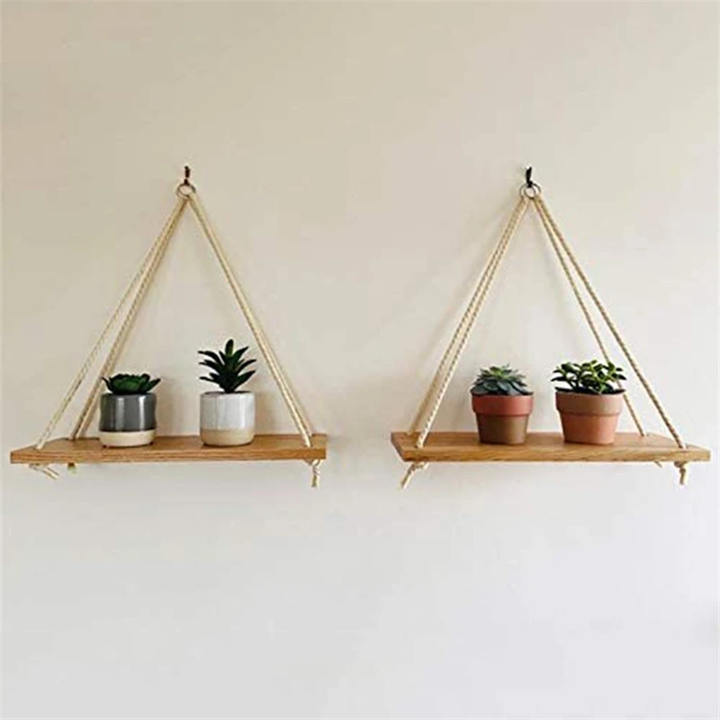 

Wooden Rope Swing Wall Hanging Plant Flower Pot Tray Mounted Floating Wall Shelves Nordic Room Decoration Simple Design Shelf