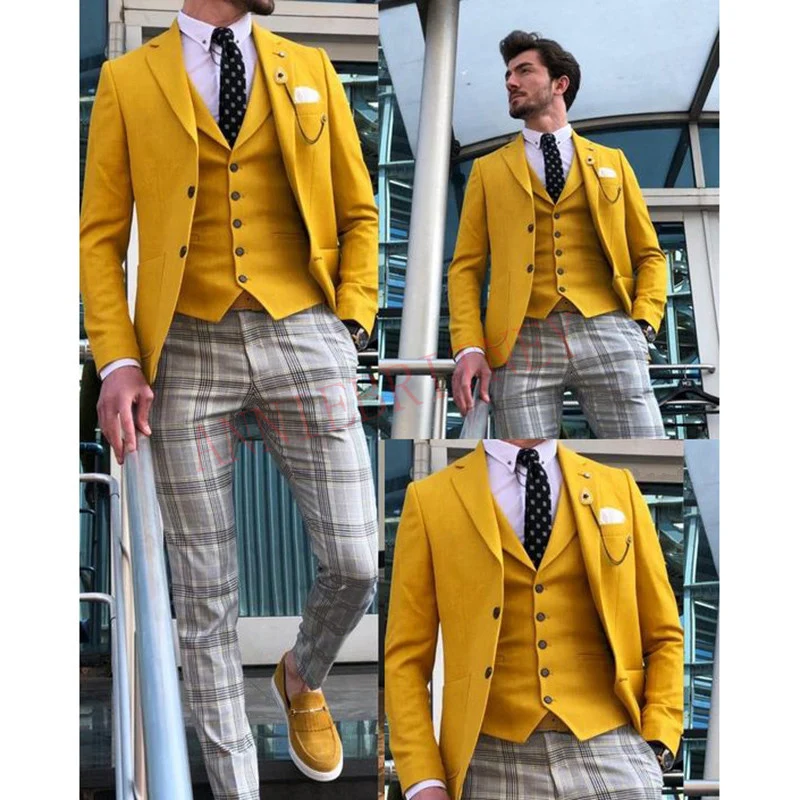 

New Designs Casual Yellow Mens Suits Tuxedo 3 Piece Tailored Slim Male Blazer Pants Vest Set Suit for Men Handsome Men's Clothes