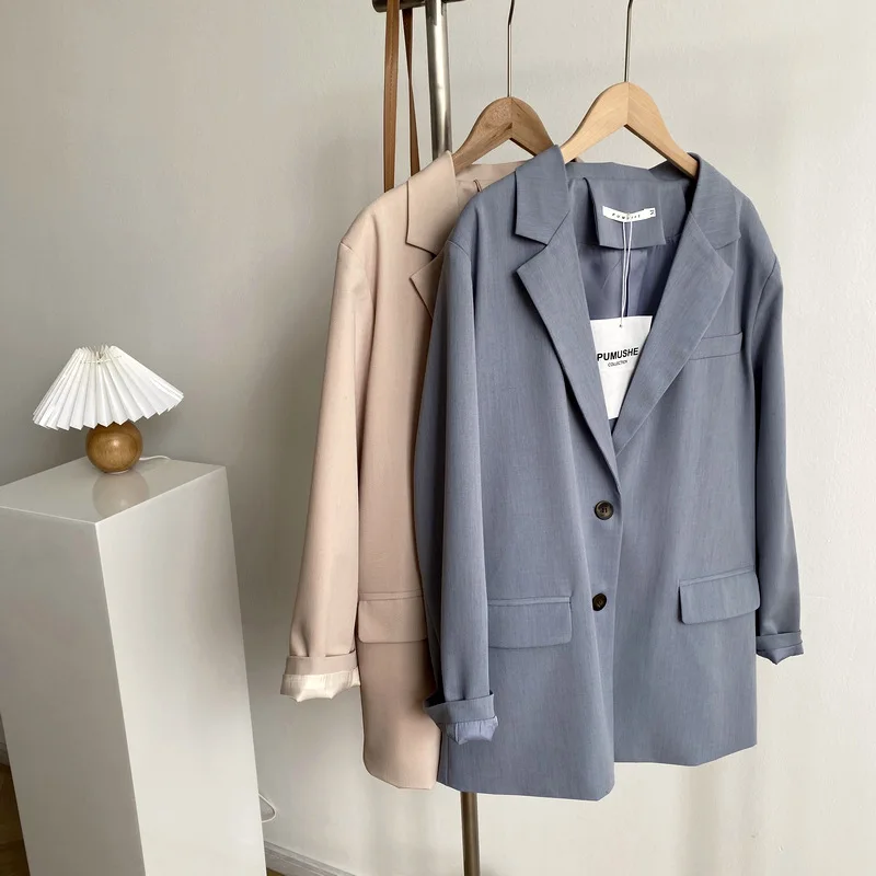 

Women Elegant Blue Blazer Brief Simple Fashion Casual Blazer New Long Sleeve Loose Jacket Female Spring Autumn Coat
