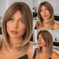 ombre dark black honey brown synthetic wigs with side bangs middle long wigs for women cosplay daily party heat resistant fiber