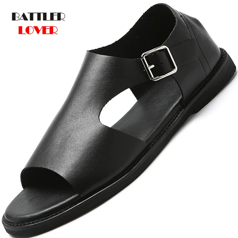

New Summer Men Sandals Leisure Beach Slipper Men's Casual Shoes 100% Genuine Leather Sandals for Male Buckle Roman Sandalies