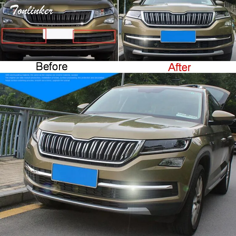 

Tonlinker Cover Stickers for SKODA KODIAQ 2017-18 Car Styling 2 PCS Stainless steel Under Racing Grills position Cover Sticker