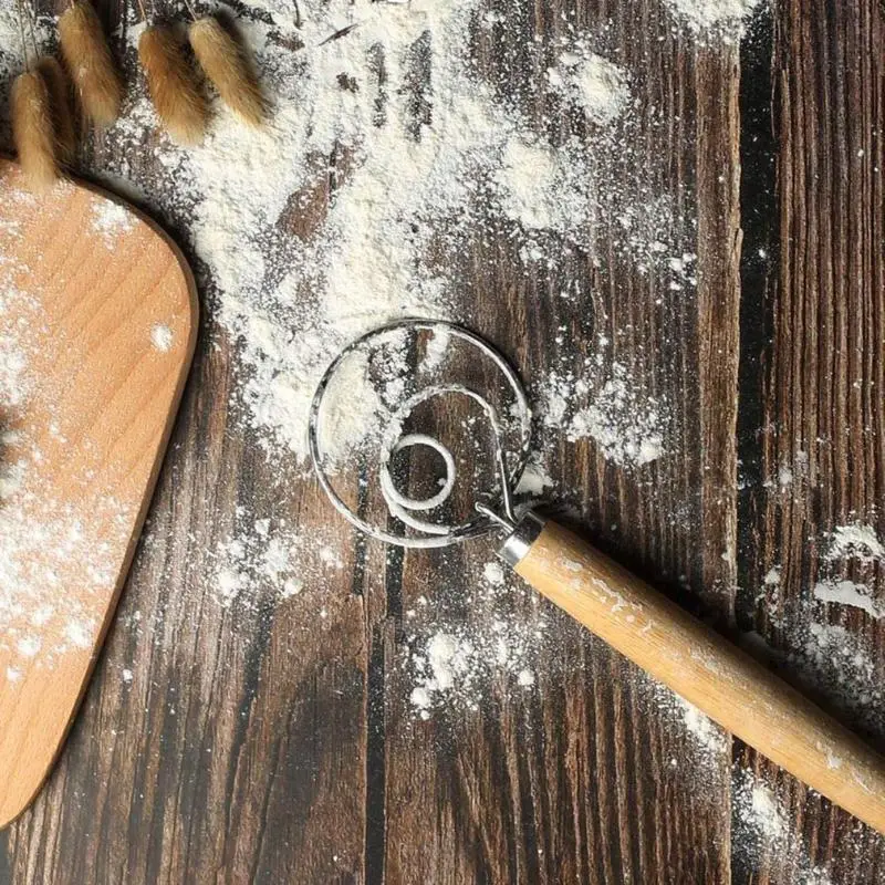 

Wooden Handle Dough Mixer Set Self-adhesive Bag Packaging Single Eye Coil Manual Flour Mixer Manual Baking Tools Whisk