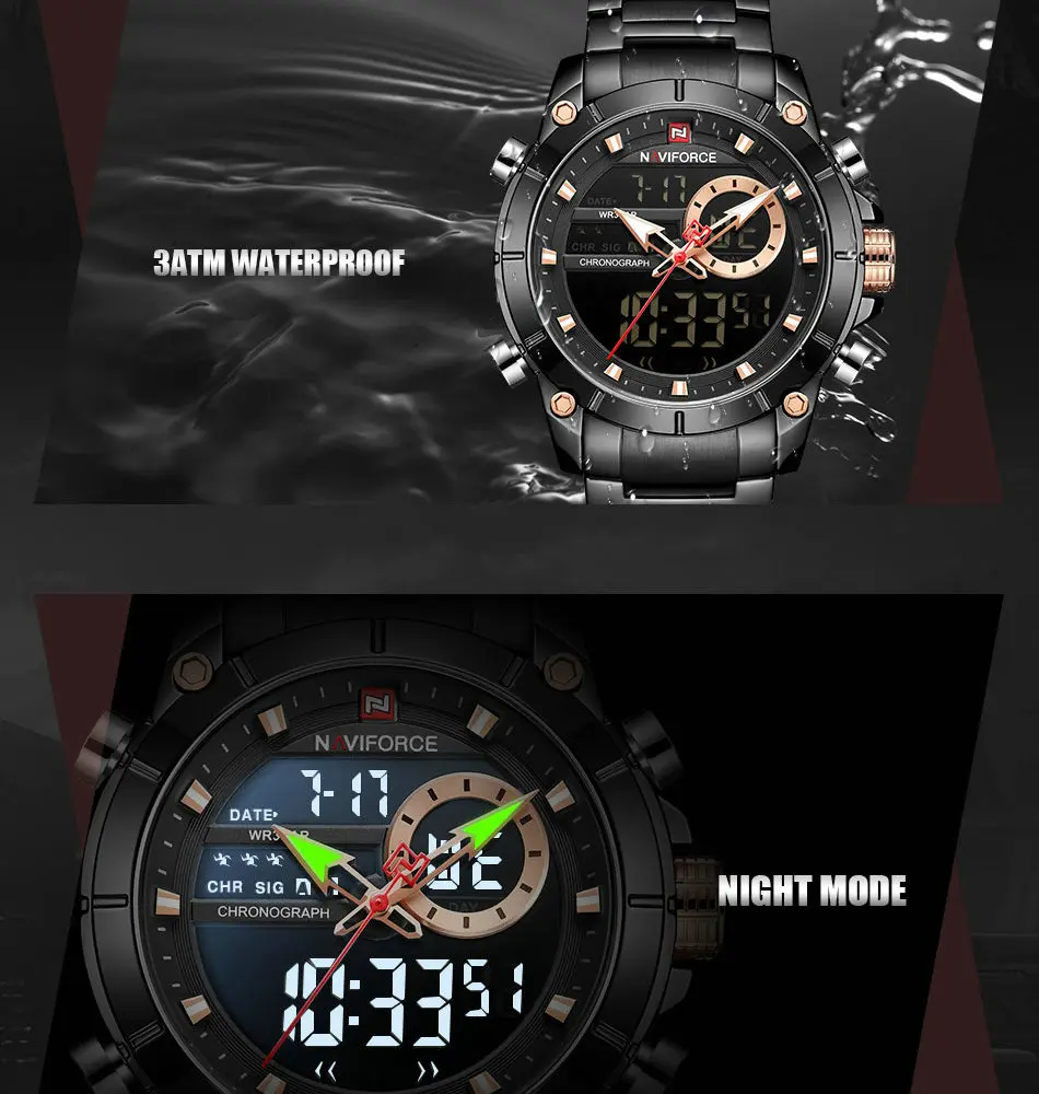

NAVIFORCE NEW Military Mens Quartz Watches Top Luxury Brand Dual Time LED Digital Clock Chronograph Alarm Sport Wristwatch reloj