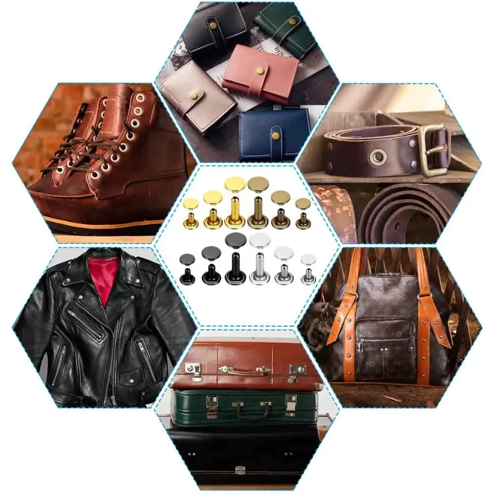 Набор кожаных заклепок DIY с двойной головкой из латуни и инструментами для установки для ремонта и рукоделия 4 цвета и 3 размера в комплекте.