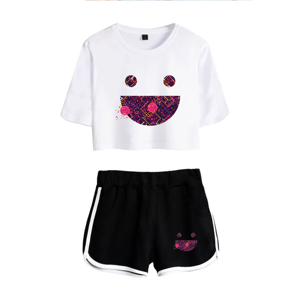 

Милая женская укороченная футболка и шорты, пижамный комплект, женские модные шорты, комплект из двух предметов, счастливая игра, Классичес...