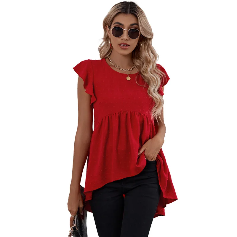 

New 2022 Summer Boho Tops Women Ruffles Jacquard Irregular Red Shirt Sexy Slim Fashion Casual Butterfly Sleeve Ladies Blouses