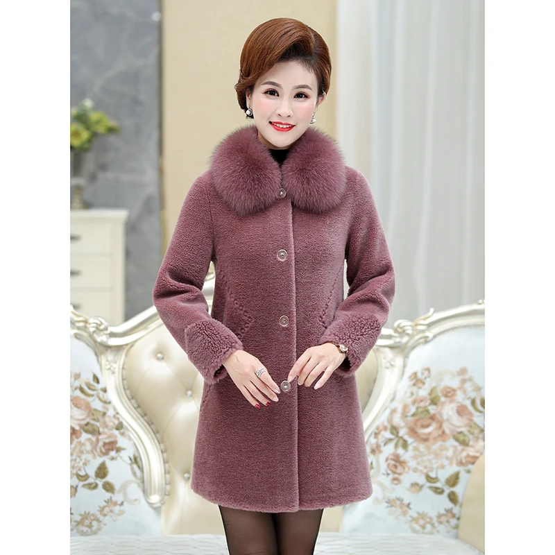 

Women 2020 Winter Real Sheep Sheared Coat Female Medium-Long Natural Fox Fur Collar Jacket Ladies Genuine Wool Fur Outerwear A61