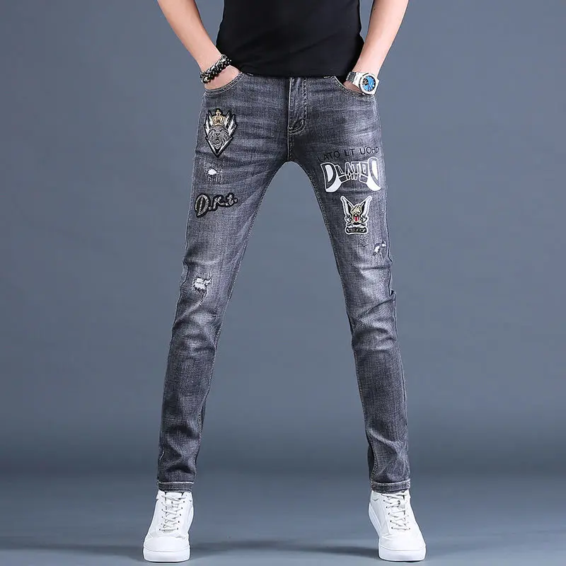 

Men’s High Quality Black Gray Jeans,Slim-fit Stretch Denim Pants,Street Fashion Prints Ripped Jeans,Youth Sexy&Cool Must;