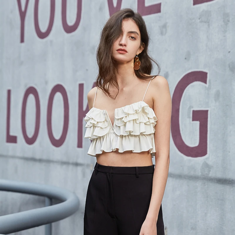 [EAM] Women White Ruffles Split Joint Short Camis New V-collar Sleeveless Personality Fashion Tide Spring Summer 2021 1U708