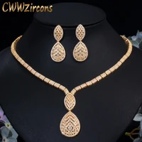 cwwzircons very shiny dangle drop bridal wedding banquet cz necklace and earring arabic dubai gold jewelry set for women t423