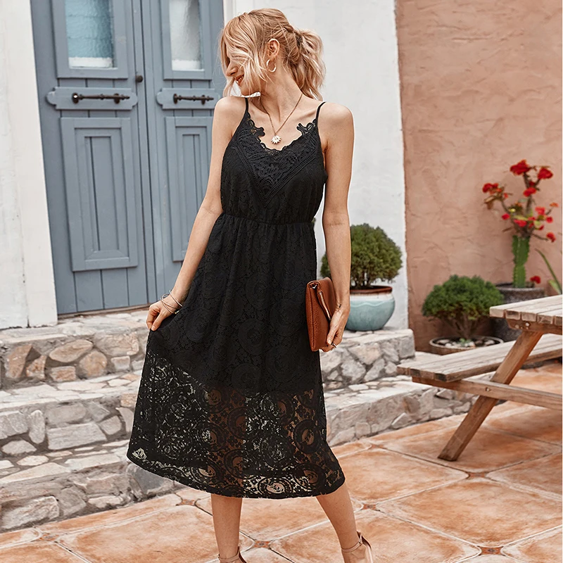 

2020 Summer Dress Women Camisole Knee-Length Dress Sexy Lace Dress Sleeveless V-Neck Dress Hollow Out Lace Princess Dresses
