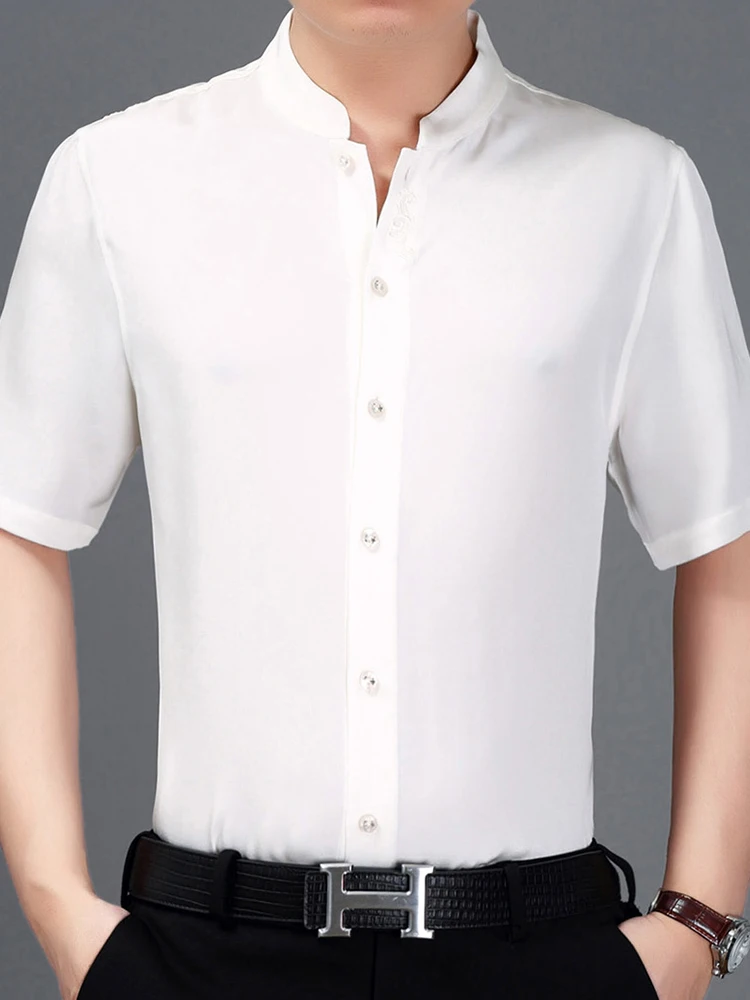 AYUNSUE 100% Mulberry Silk Shirt Men Summer Clothes Plus Size Short Sleeve Shirt White Embroidery Chemise Homme 2020 3918 KJ4559