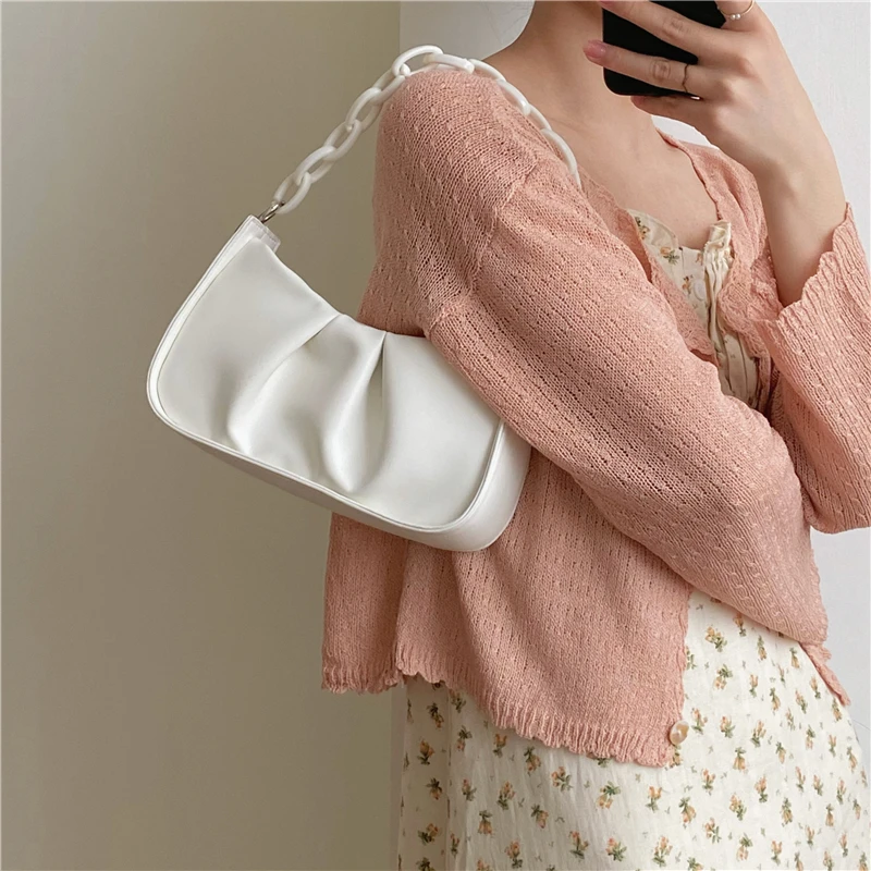 

Женская плиссированная сумка через плечо из искусственной кожи, простая однотонная дамская сумочка-мессенджер на акриловой цепочке, мален...