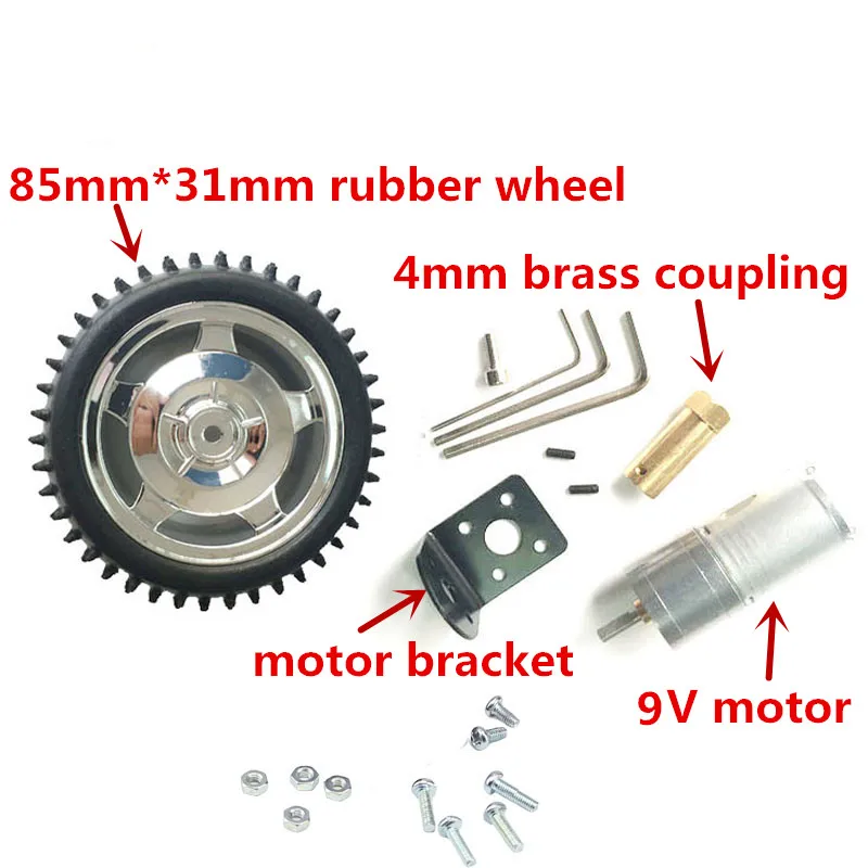 

Длина 85 мм ширина 31 мм резиновое автомобильное колесо + высокий крутящий момент 9 в мотор + металлический мотор кронштейн + 4 мм Латунная муфта...