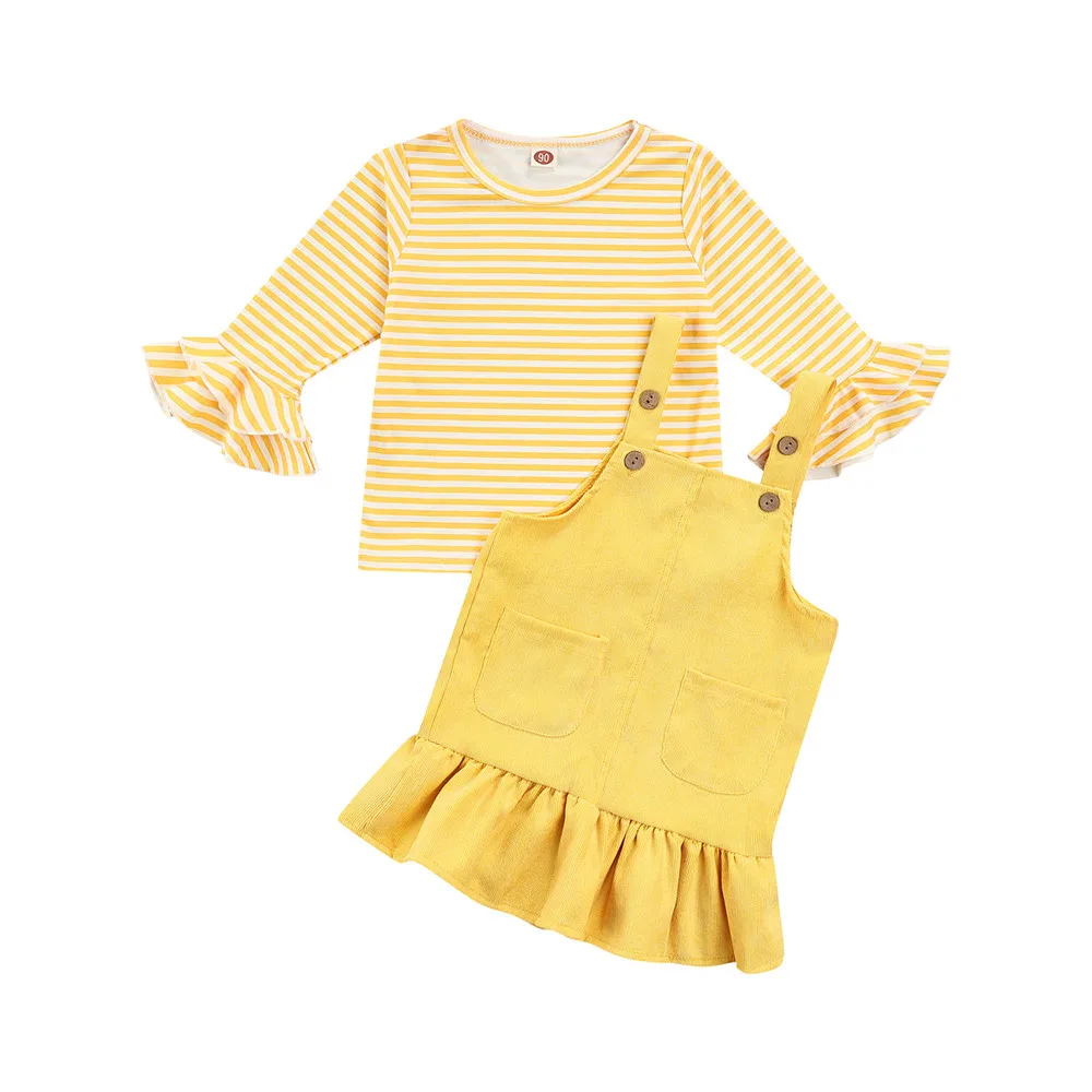

Модный комплект детской одежды для маленьких девочек, желтая полосатая футболка с расклешенным рукавом и карманы, Однотонная юбка с оборка...