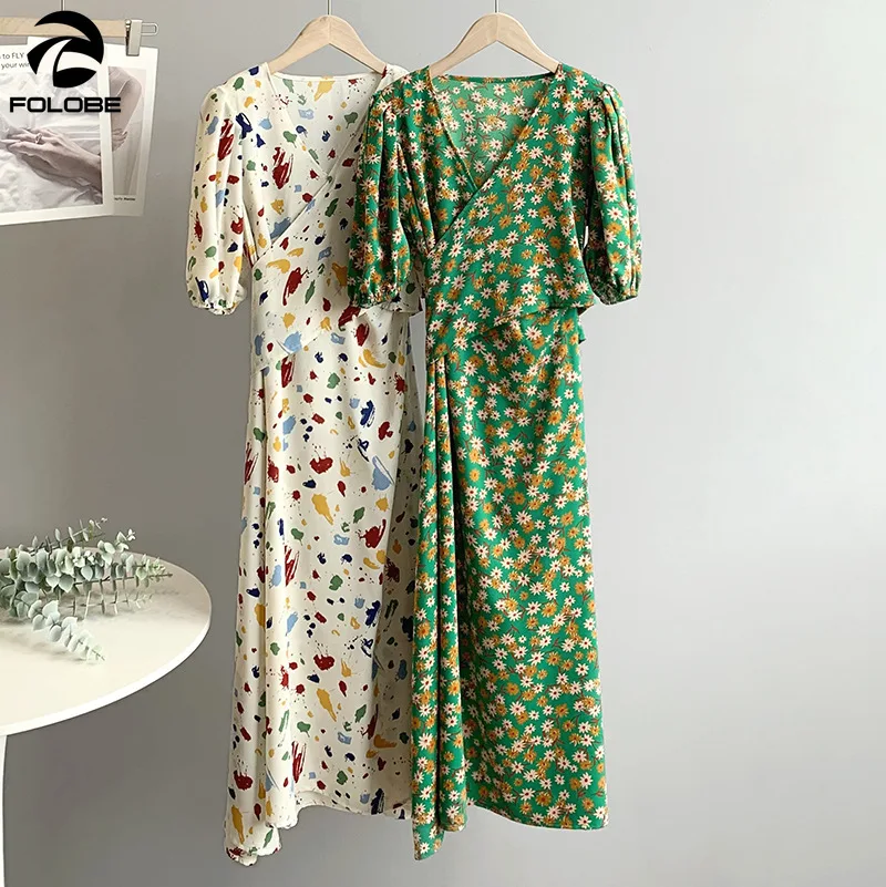 

FOLOBE 2021 Summer Chiffon Print Dresses Women Puff Sleeve V-neck One-piece Belt A-line Midi calf Dress Female vestidos mujer