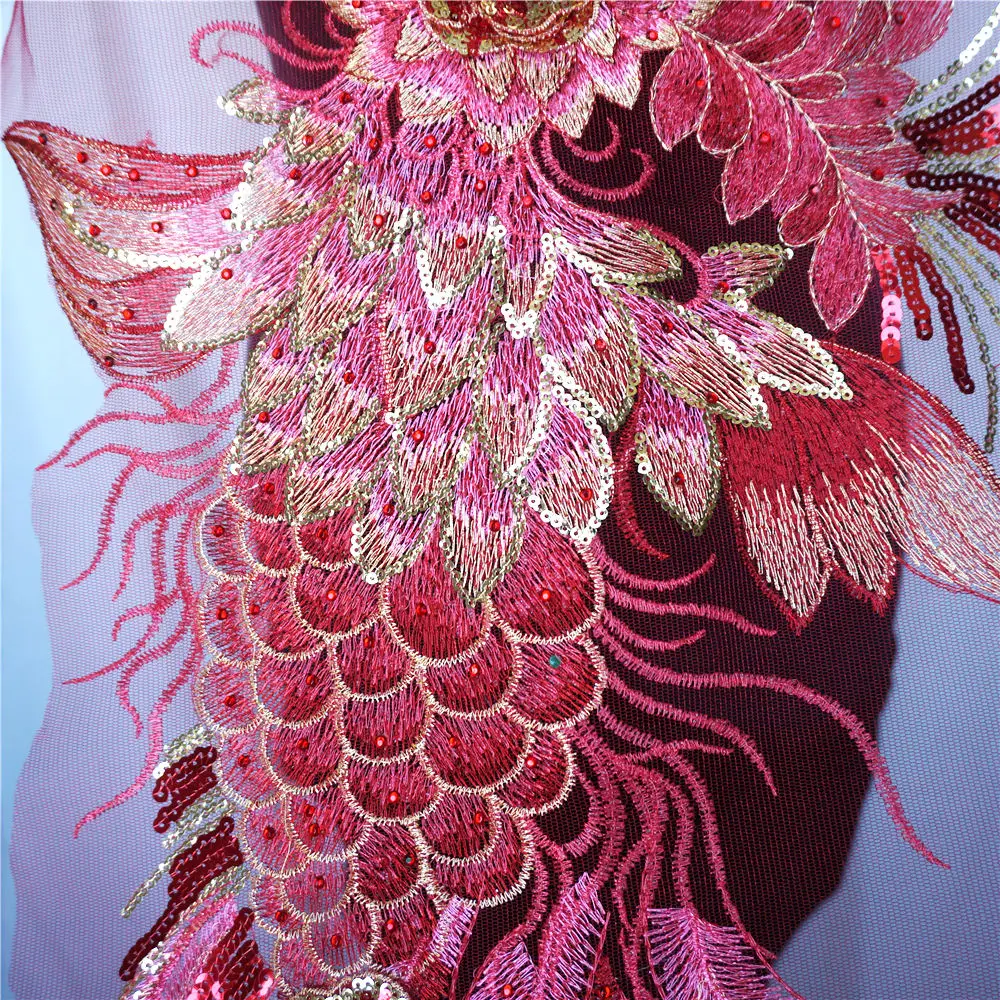 Кружевная ткань 130 см с красным Фениксом павлином блестками цветочной вышивкой