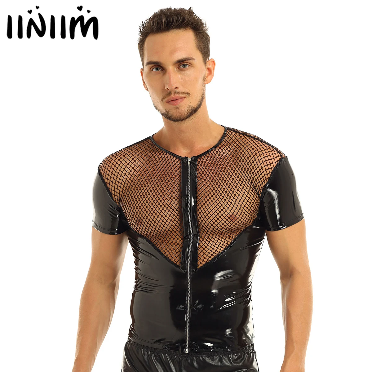 

iiniim Mens Fishnet Splice Short Sleeve Shirt Tops Wetlook Punk Clubwear Patent Leather Clubwear Stage Night Costumes T-shirt