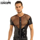 Iiniim Мужская сетчатая рубашка с коротким рукавом, топы Wetlook Клубная одежда стиля панк, лакированная кожа, Клубная одежда, сценические ночные костюмы, футболка