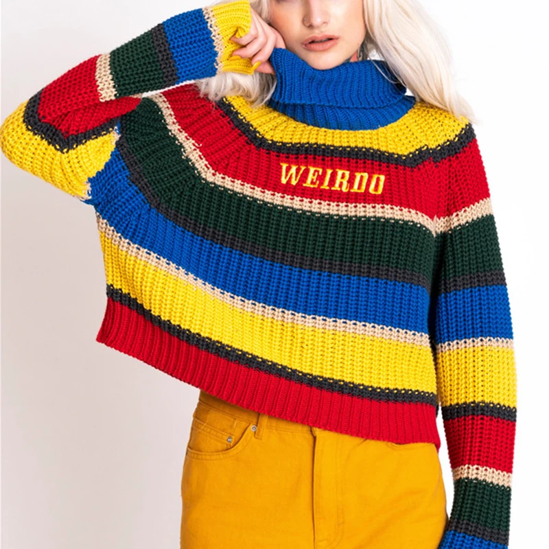 Harjuku Contrast Stripes Roll Turtle Neck Knitted Jumper Turtleneck Sweater with Embroidery WEIRDO Oversized Top For Women / | Женская