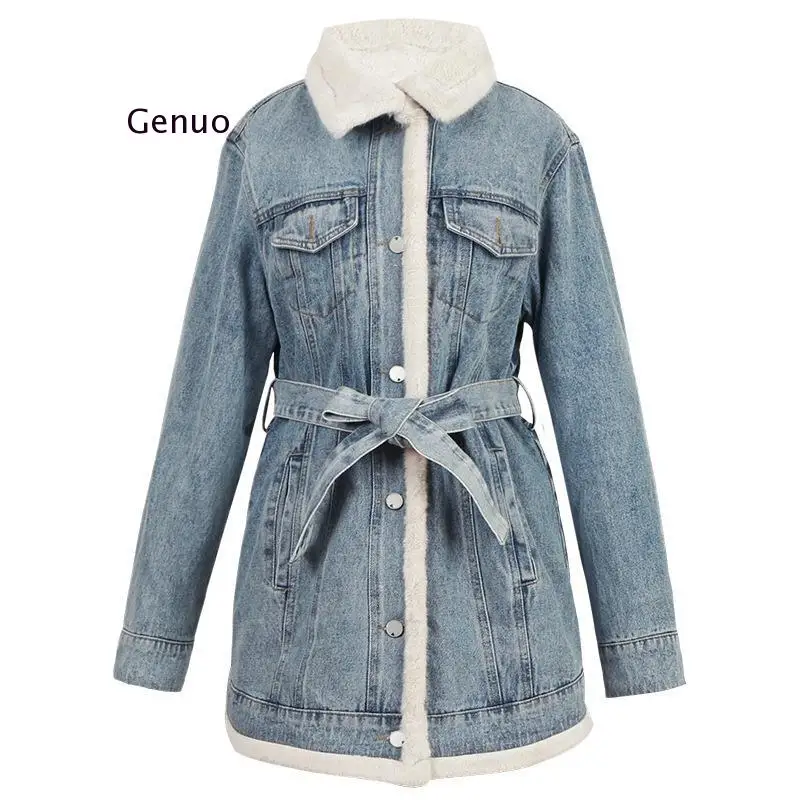 Новая зимняя куртка для женщин джинсовое пальто с поясом Меховая женская верхняя