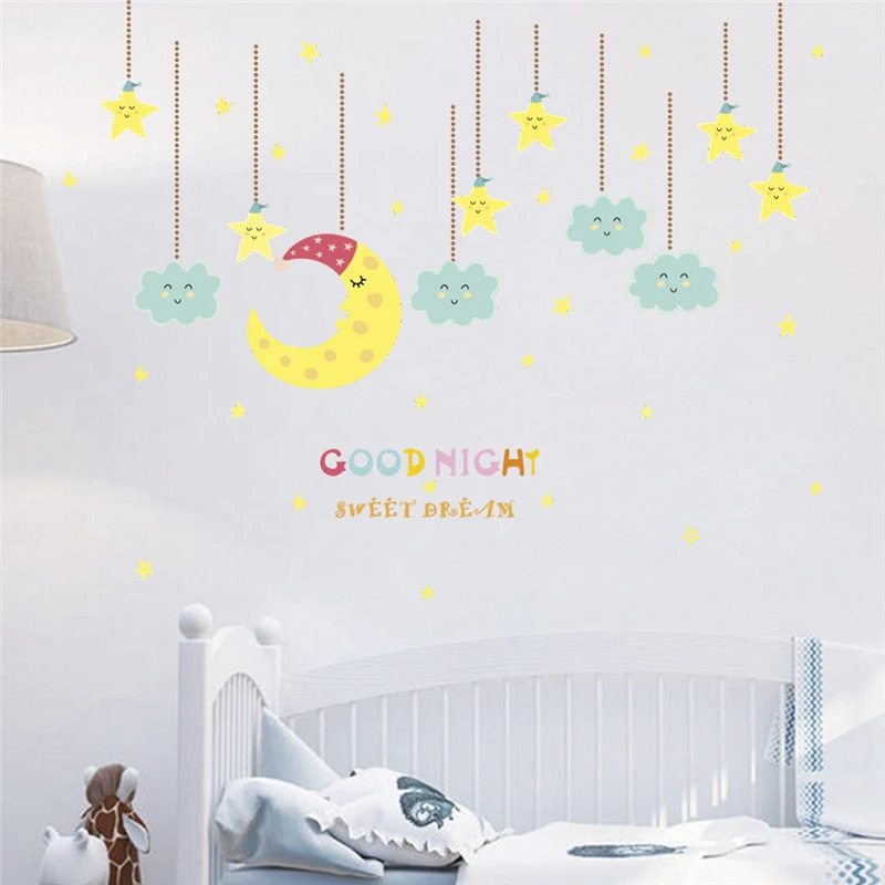 

Sweet Dream With Moon & Star Pattern Wall Stickers For Kids Room Bedroom Home Decoration Diy Cartoon Mural Art Pvc Wall Decals