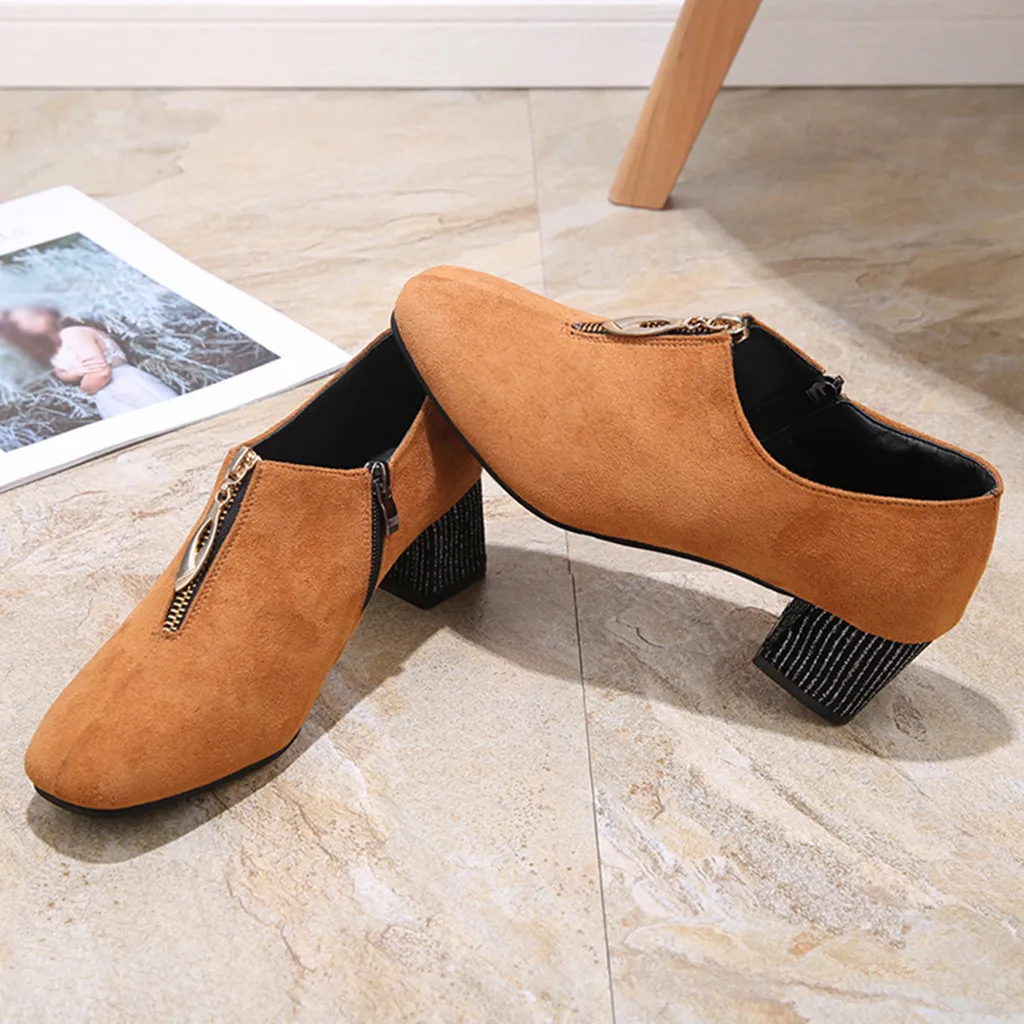 

Casual Shoes Woman Velvet Front Zipper Solid Color Ladies Flat With Rubber Shallow Mid Heel Round Toe Casual Shoes Woman