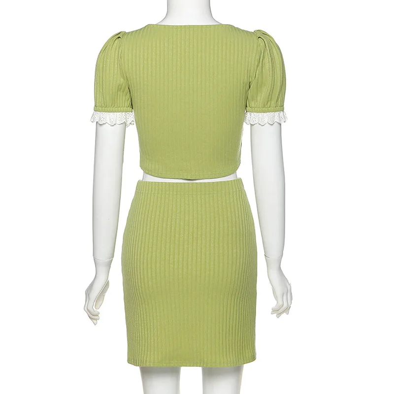 

2021 Sexy Green Two Piece Set Solid Button Bodycon 2 Piece Set Women Short Sleeve Top And Skirt Summer Autumn Sets Streetwear