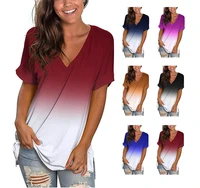 female tie dye gradient t shirt women v neck color short sleeve spread out under the fork casual vintage summer clothes