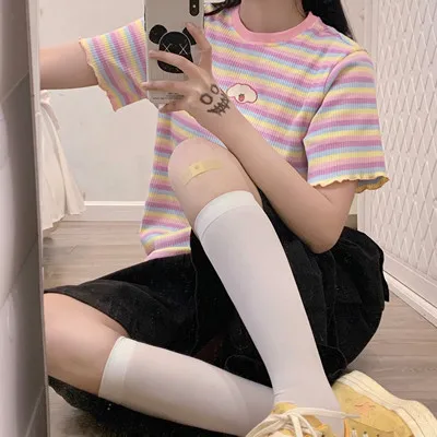 

New Summer Cute Crop Top Women T Shirt Harajuku Kawaii Rainbow T-shirt Female Embroidery Strawberry Striped T-shirt Mujer