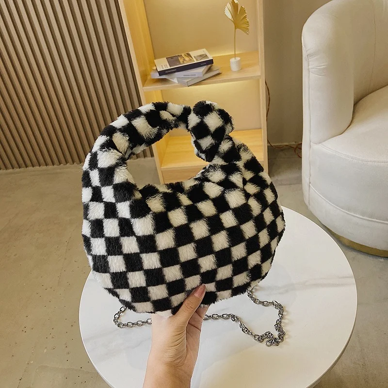 

Fashion Checkerboard Pattern Plush Women Shoulder Bag Winter Plush Round Crossbody Bags for Women Knotted Furry Women's Handbags