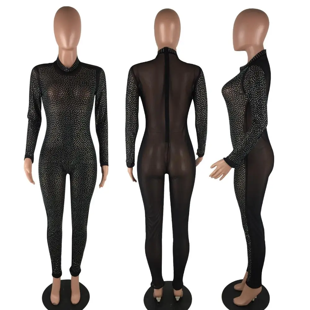 SALE Black Jumpsuit Women Summer See Through Turtleneck Bodysuit Lace Mesh Bodies Ladies Oneies F0435 Rhinestones Long Sleeve