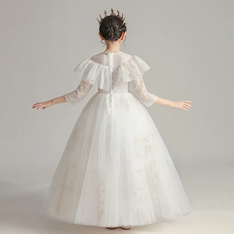 

Children Girls Luxury New Birthday Wedding Party Princess Fluffy Dress Kids Teens Long Sleeves Elegant Piano Costumes Host Dress