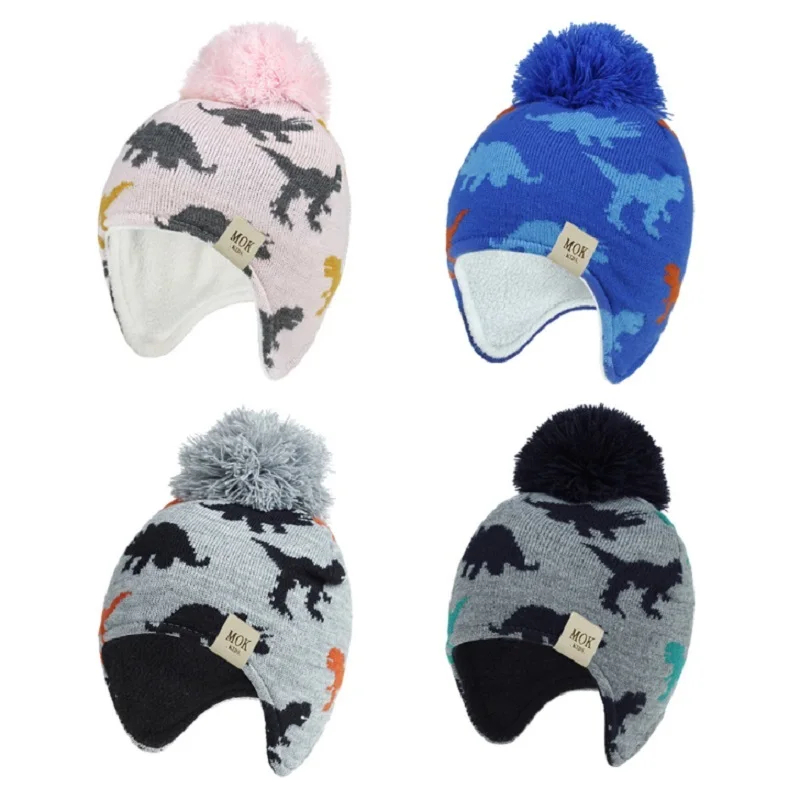 Детская вязаная шапка с помпоном Осень-зима 2020 шерстяная динозаврами