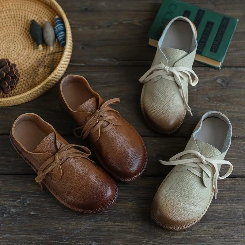 

Retro Soft Leather Oxford Shoes For Women Handmade Designer Shoes Mori Girl Student Shoes Walking Flats Coffee/Brown/Off White