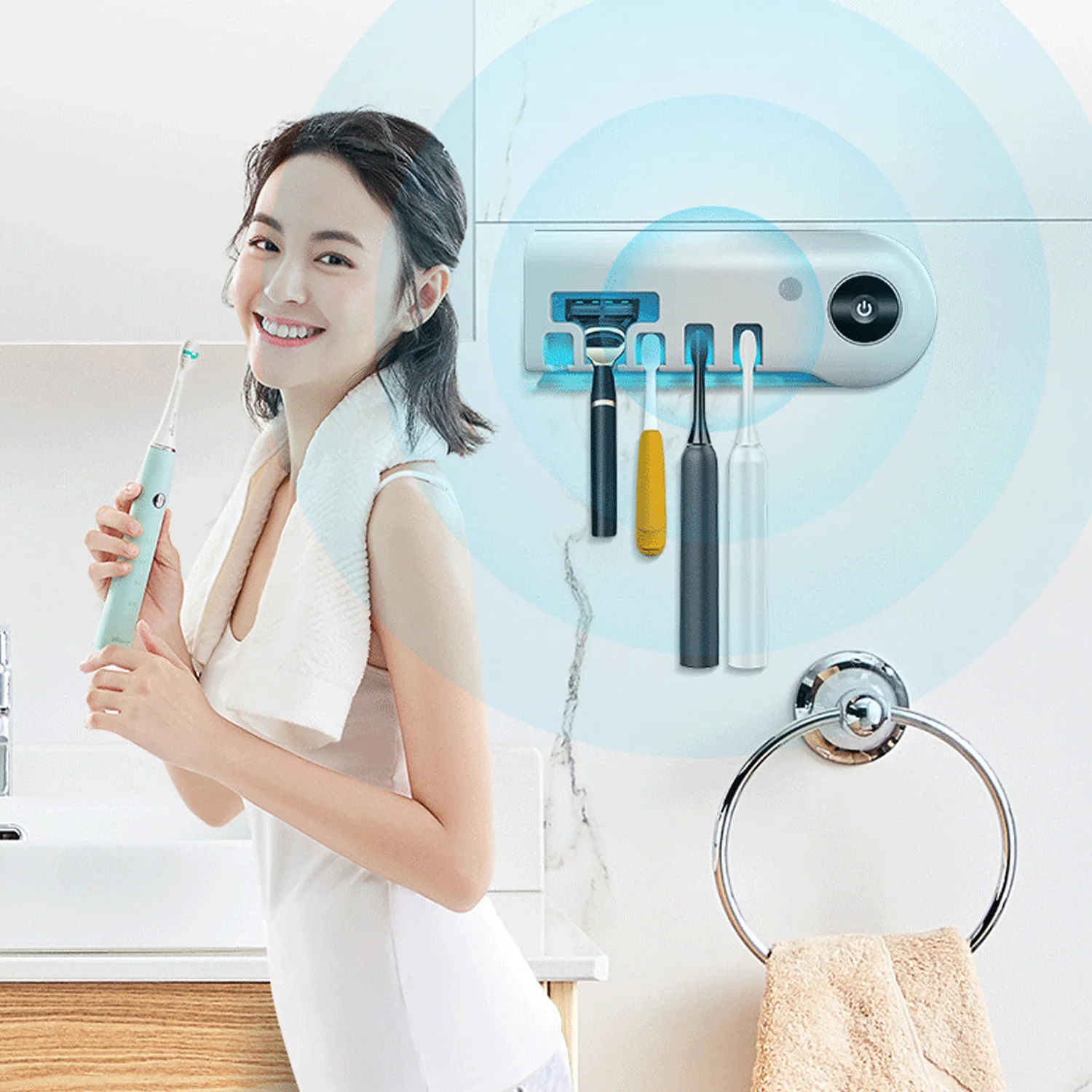 

Toothbrush Sterilizer Wall Mounted Smart UV Toothbrush Holder 360 Degree Sterilization 4 Toothbrush Positions 1 Shaver Position