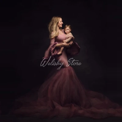 

Elegant Bridal Tulle Skirt Mermaid Maternity Dresses Women Sexy Elastic Spandex Flare Sleeve Long Party Dress For Photo Shoot