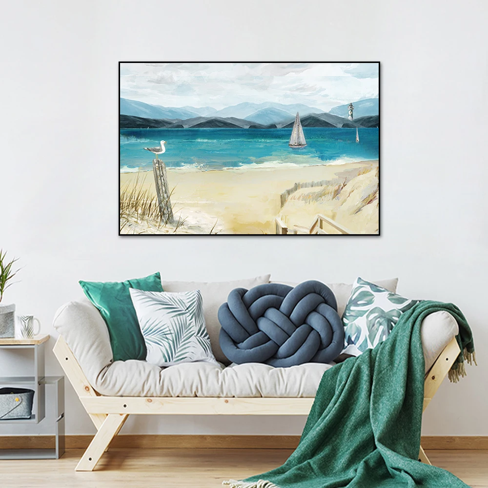 

Abstract Mountain Sea Beach Painting On Canvas Nordic Cartoon Posters and Prints Wall Art For Living Room Home Decoration