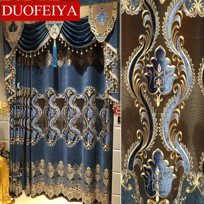 

Chinese and European Luxury Blue Hollow Embroidered Blackout Curtains for Living Room Villa Bedroom Blackout Curtains Custom