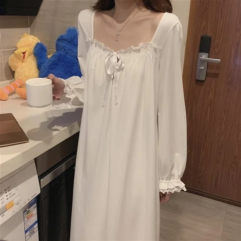 QWEEK Princess Nightdress Women Autumn Long Nightgown Lace Sleepwear Long Sleeve Nightwear White Sleeping Dress Plus Size 3XL