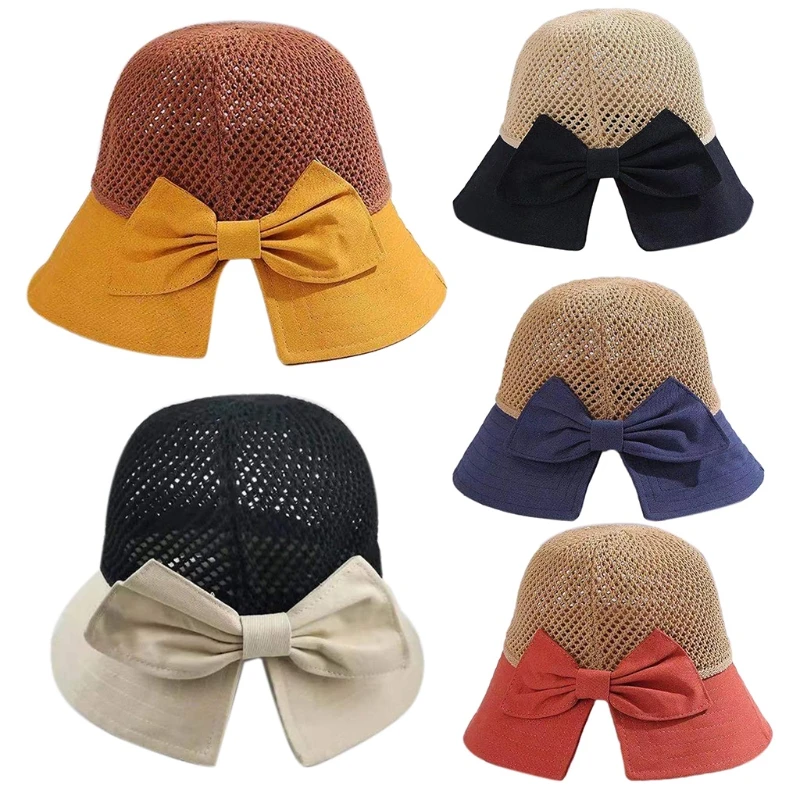 

Girls Mesh Knit Cap Hepburn Style Lightweight Exquisite Back Bows Sun Cap Bucket Hat Charming Lady Daily Accessory